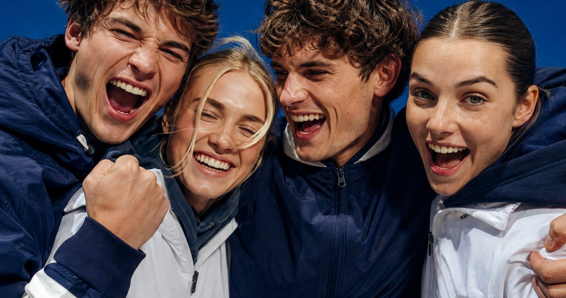Four friends cheering against a navy wall