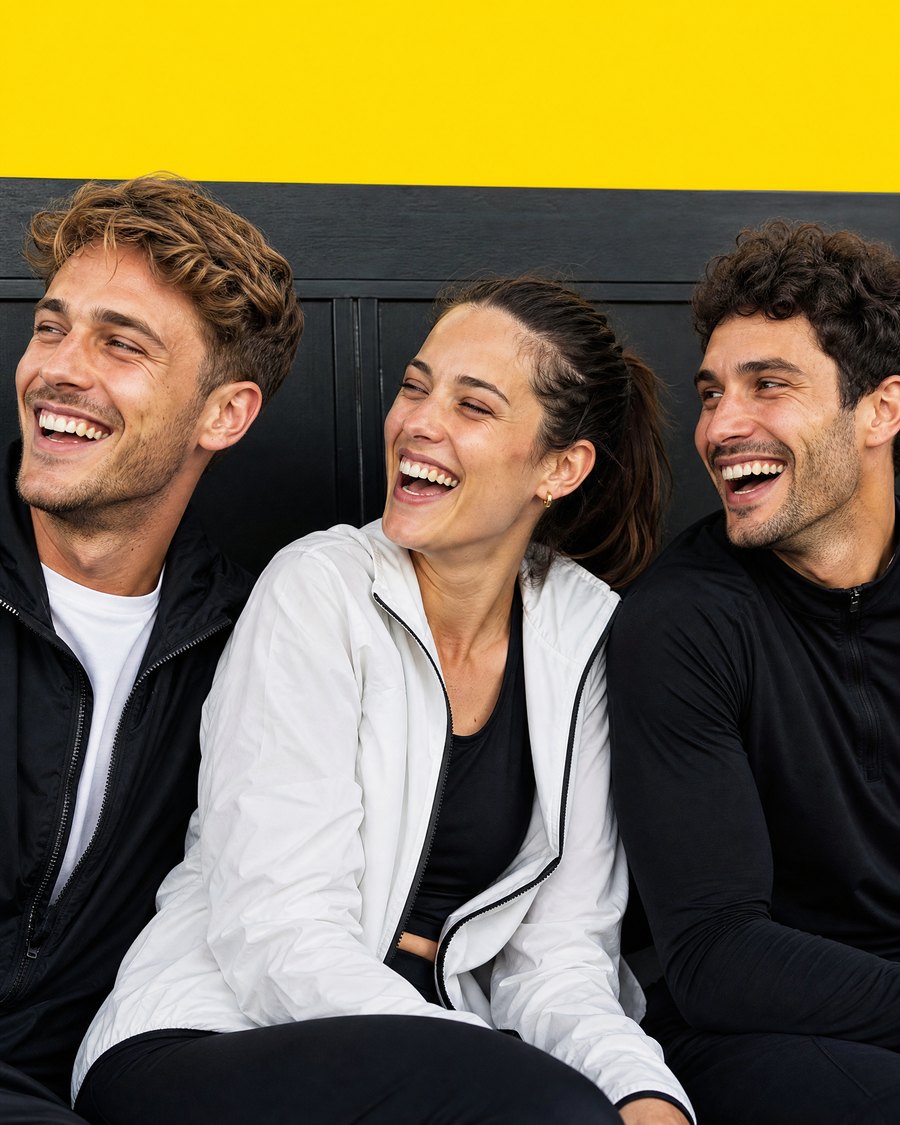 Three coworkers laughing on a bench