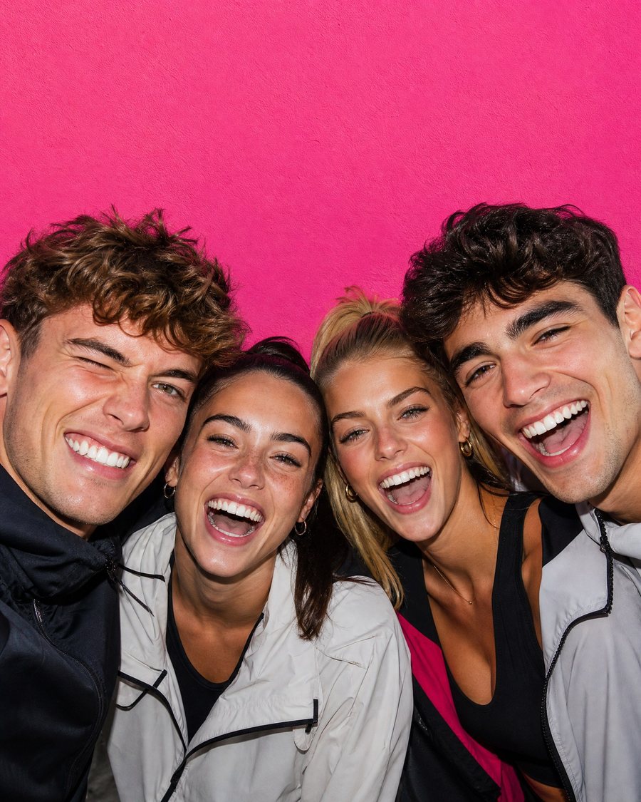 Four friends laughing against a pink wall