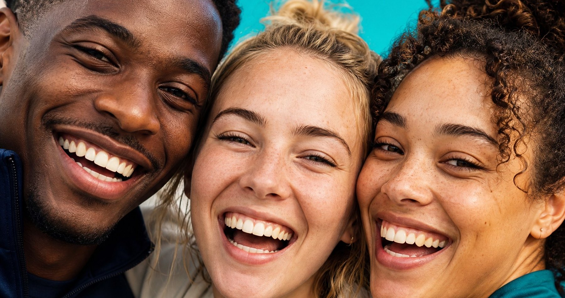 Three friends laughing against a teal wall